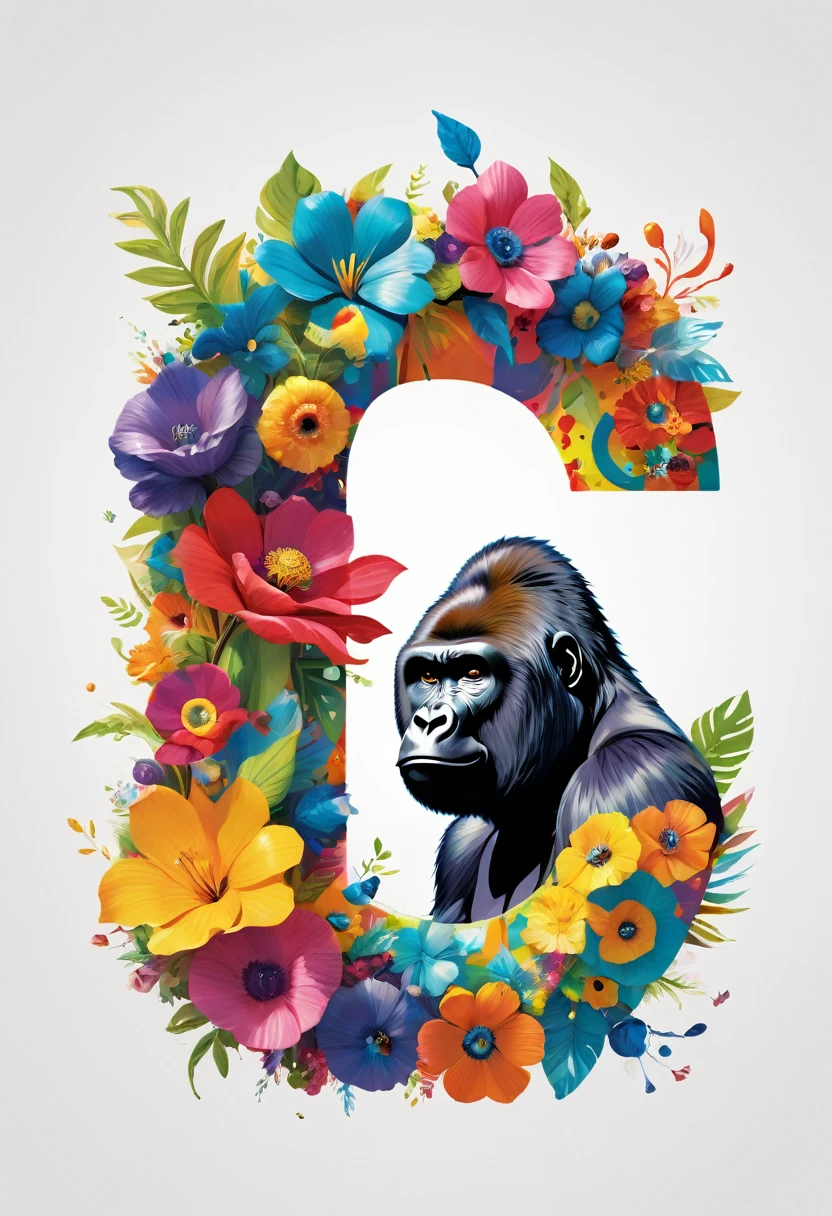 artistic creation of a 2D letter "G" . The "G" is made of various gorilla, each represented by a distinct color. The letter is set against a white background. The overall theme is vibrant and whimsical, with a touch of surrealism