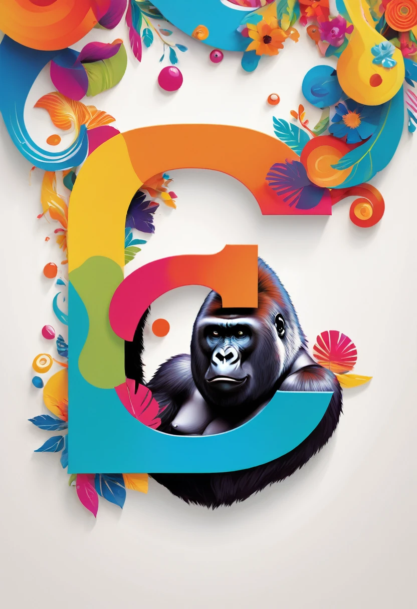 artistic creation of a 2D letter "G" . The "G" is made of various gorilla, each represented by a distinct color. The letter is set against a white background. The overall theme is vibrant and whimsical, with a touch of surrealism