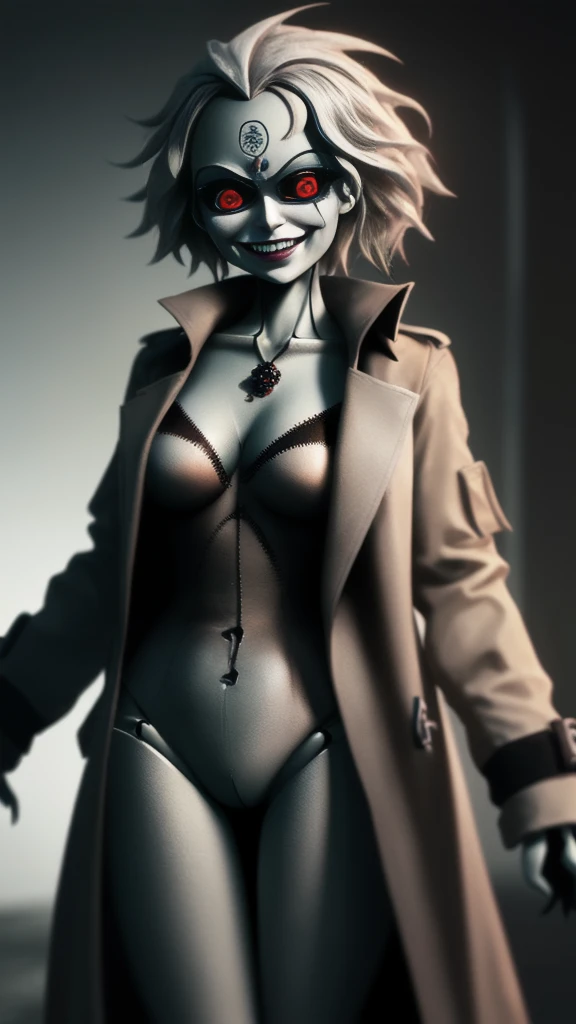 (Cinematic image dramatic tension). (psychotic grin:1.3),(Sinister female marionette:1.3), (maniacal grin:1.2), wide unblinking eyes, (tattered provocative outfit:1.2), visible wooden joints, tangled marionette strings, pale porcelain skin, wild unkempt hair, dark smokey eye makeup, dramatic side lighting, shallow depth of field, ultra-detailed textures, subsurface scattering, cinematic composition, ray tracing, ambient occlusion, ray tracing,wearing only an open trench coat, a determined look on her face, clothing torn, clothing hanging in strips,