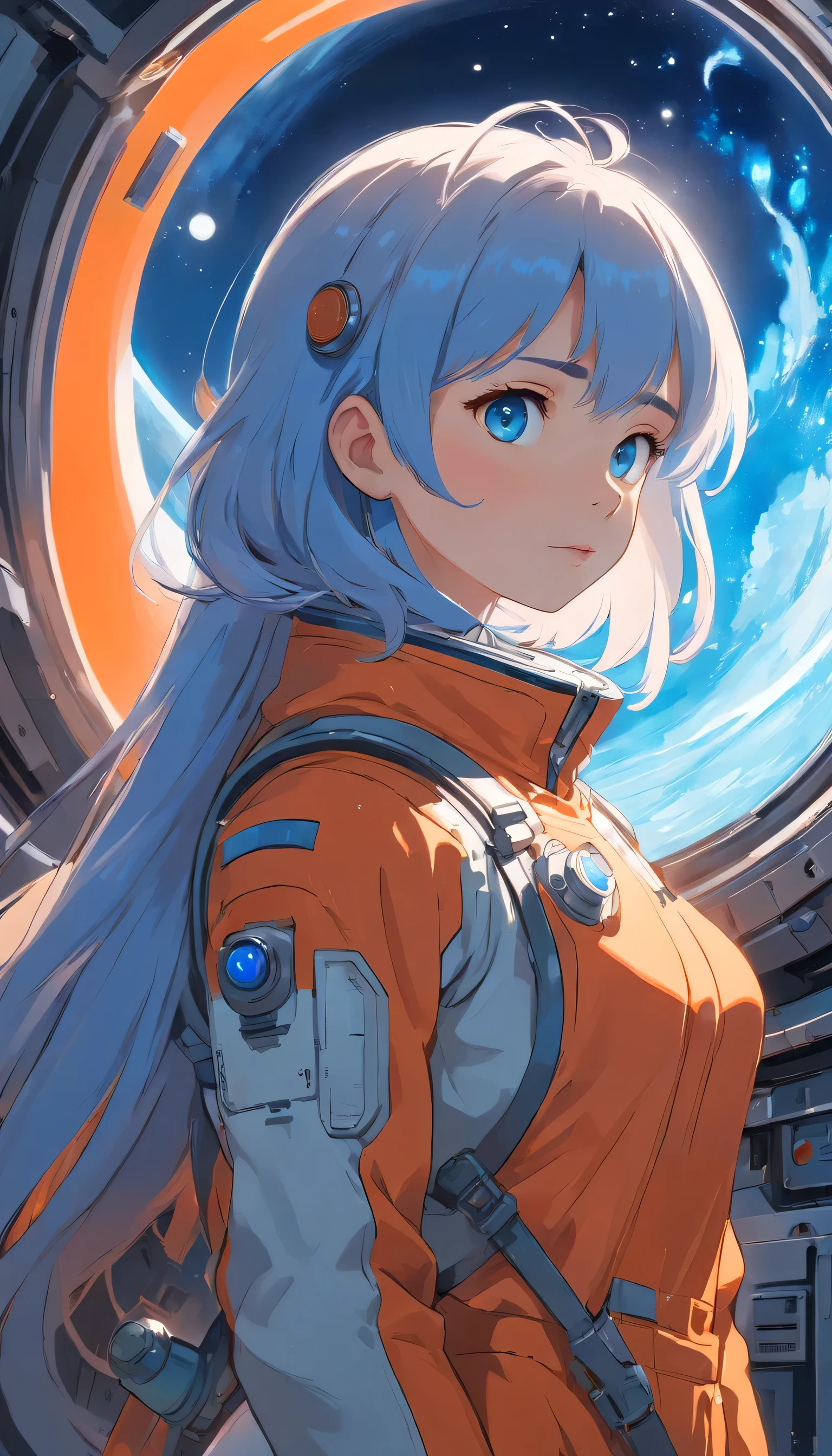 woman 25 years beautiful astronaut 1950 , deep blue eyes, clothes in orange color details in metallic white, cinematic, photo shoot, half backlight, backlight, dramatic lighting , Incandescent, Soft lighting, insanely detailed and intricate, hyper maximalist, arte no estilo de guweiz, elegant pose, dynamic, photography, volumetric , ultra detailed, intricate detail, super detailed obra-prima de guweiz, futuristic environment