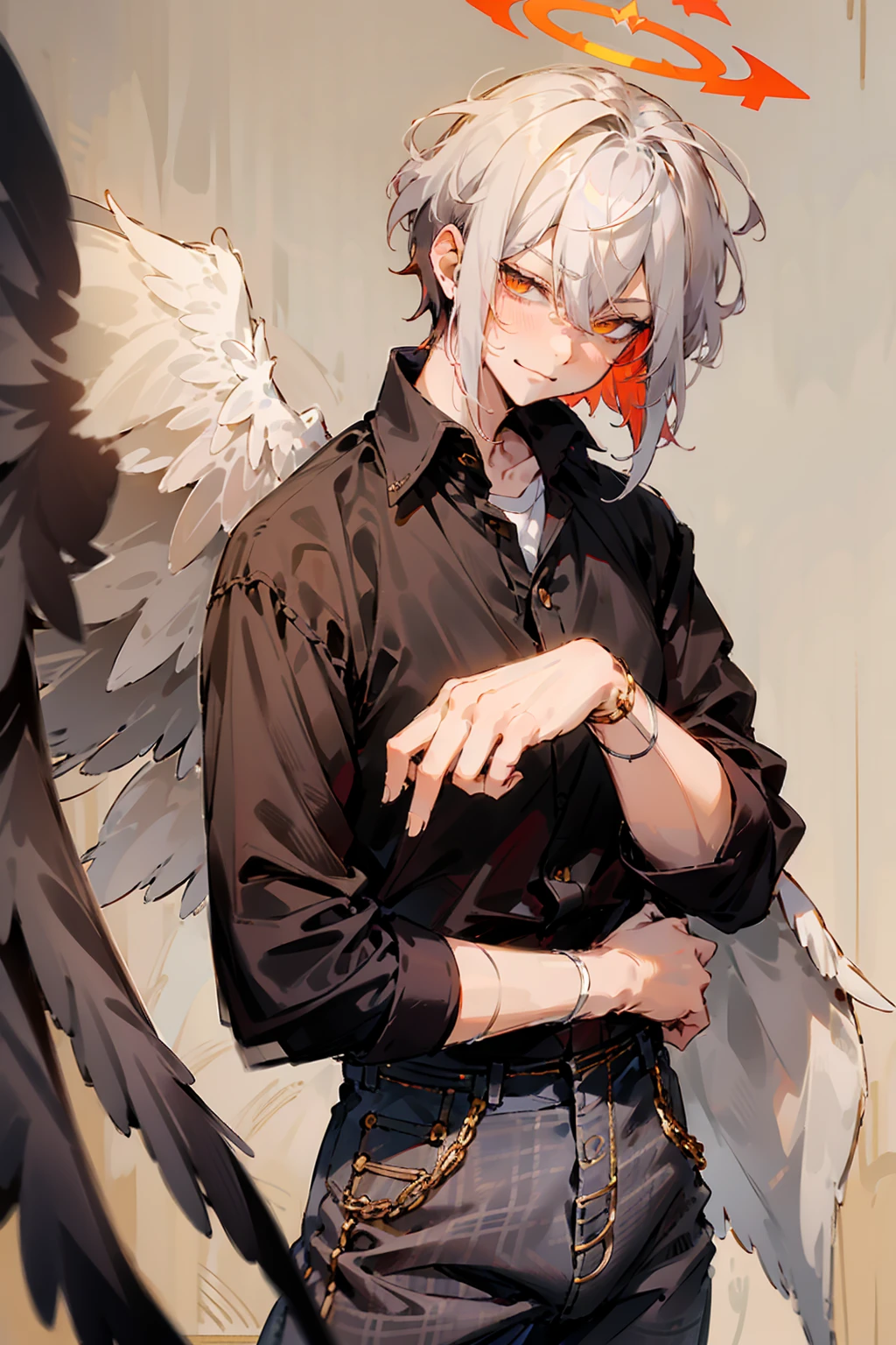 1male, Adult, Two Tone Hair, Crimson and White Hair, Short Hair, Undercut Hair, Black and White Horns, Angel Halo, Black Wings, Golden Eyes, Smirk, Black and White Flannel Shirt, Black Ripped Jeans