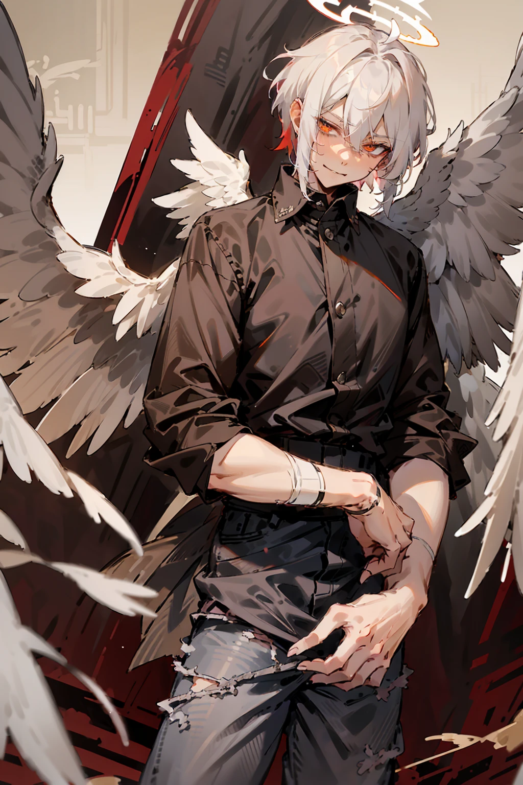 1male, Adult, Two Tone Hair, Crimson and White Hair, Short Hair, Undercut Hair, Black and White Horns, Angel Halo, Black Wings, Golden Eyes, Smirk, Black and White Flannel Shirt, Black Ripped Jeans