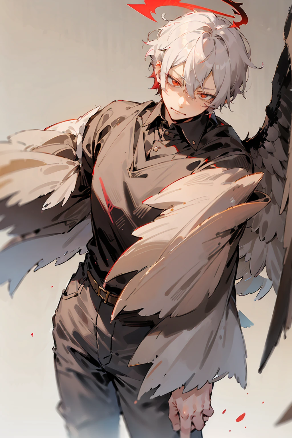 1male, Adult, Two Tone Hair, Crimson and White Hair, Short Hair, Undercut Hair, Black and White Horns, Angel Halo, Black Wings, Golden Eyes, Smirk, Black and White Flannel Shirt, Black Ripped Jeans