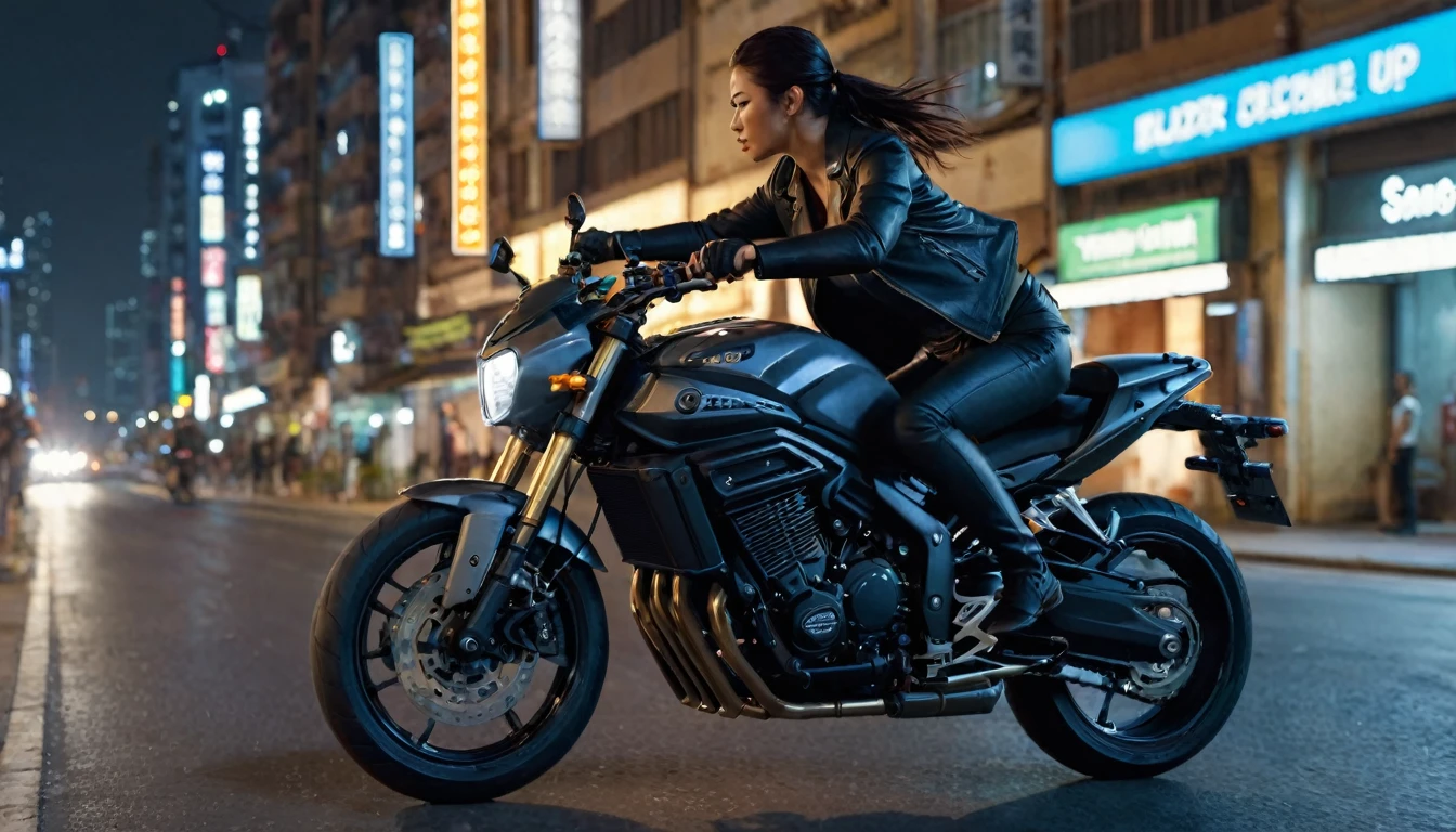score_9, score_8_up, score_7_up, source_photo, photography, photorealistic, detailed, rating safe, from side, very wide shot, Motorcycle runs the night city, rider is woman holding a katana blade, masterpiece, best quality, 8k,