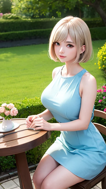 (masterpiece, 最high quality, high quality, High resolution,8K), high qualityの質感, high qualityの影, High detail, Silver blonde short bob、淡い青colorの瞳、(A special and friendly expression、gesture)、White tank top、Blue shorts、 Highly detailed CG, colorful, delicate, Cinematic Light,  One girl,  Detailed skin, Medium large breasts, Wide Hips,  Outdoor、color々A garden with beautiful flowers、table、There is a chair、