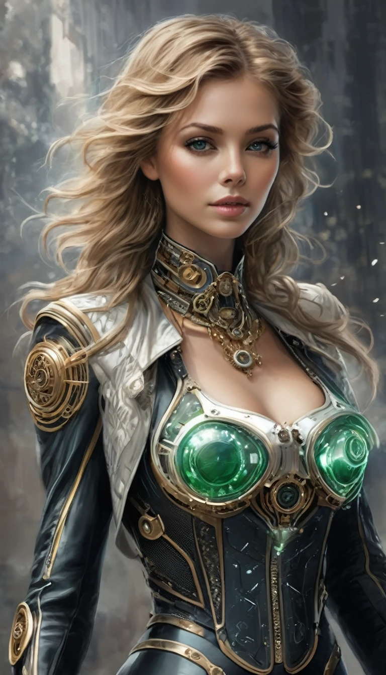 Un portrait hyperréaliste d’une sublime femme royale heureuse et rayonnante sur sa moto futuriste, moto très détaillée, moto futuriste de haute technologie, femme aux cheveux vert sombre foncé trèslong, portant une robe en dentelle blanche avec des accessoires steampunk, situé dans une pièce de style victorien avec des éléments mécaniques, seins volumineux, poitrine push-up , regard intense et sensuel , corps élancé,  pose dynamique 