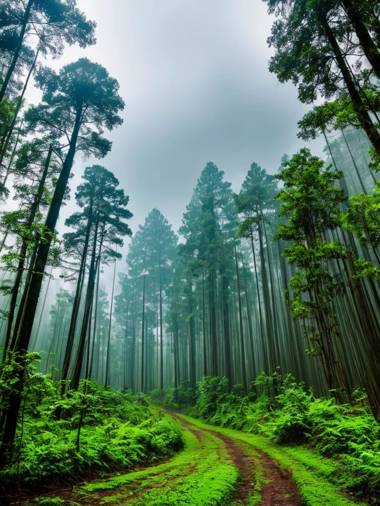 (highest quality:1.5)。Bright rainy forest。Glowing cloudy sky。