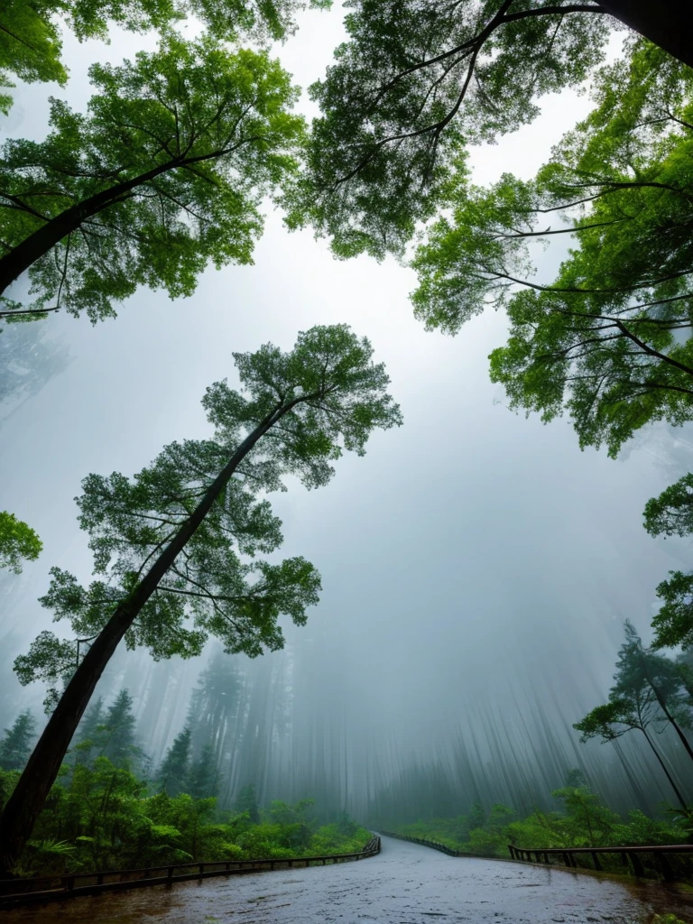 (highest quality:1.5)。Bright rainy forest。Glowing cloudy sky。