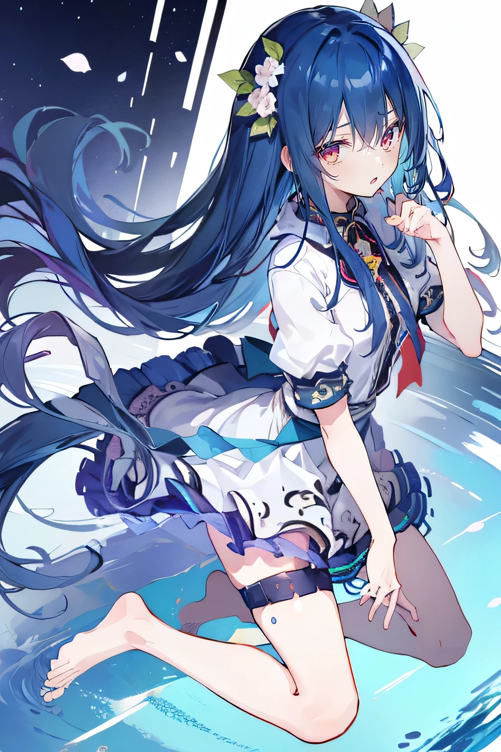(masterpiece:1.2),Super detailed,lifelike,Expressive eyes,fair skin,perfect face shape,1 girl,
Japanese comics,Gorgeous blue hair,flowing blue hair,flowing clothes,Petals fall,beautiful lola,Baby Angel,
Shaking head with one hand,Cross your legs,Gentle and peaceful background,The pavilion is cool and comfortable,smile, wearing hoodie, background of tokyo,back views,snowing, winter,lie on the water. dark blue gradient hair,asymmetrical hair,((Hair is very thick 1.8,Chiseled hair 1.6)), Hair over the shoulders, Messy hair, Very long hair, shiny hair,(long dark blue hair:1.2),A beautiful girl,(Transparent clothes transparent 1.8),Perfect body,Big thin legs,slender,(Looks very sad,Looks haggard ,sadness,shut your mouth:1.2) Against the backdrop of an unusually bright dark starry sky,(Put your hands behind your back),(round,Room, Strong breasts),barefoot,float,water surface,(long legs,long legs,long legs,Complete)