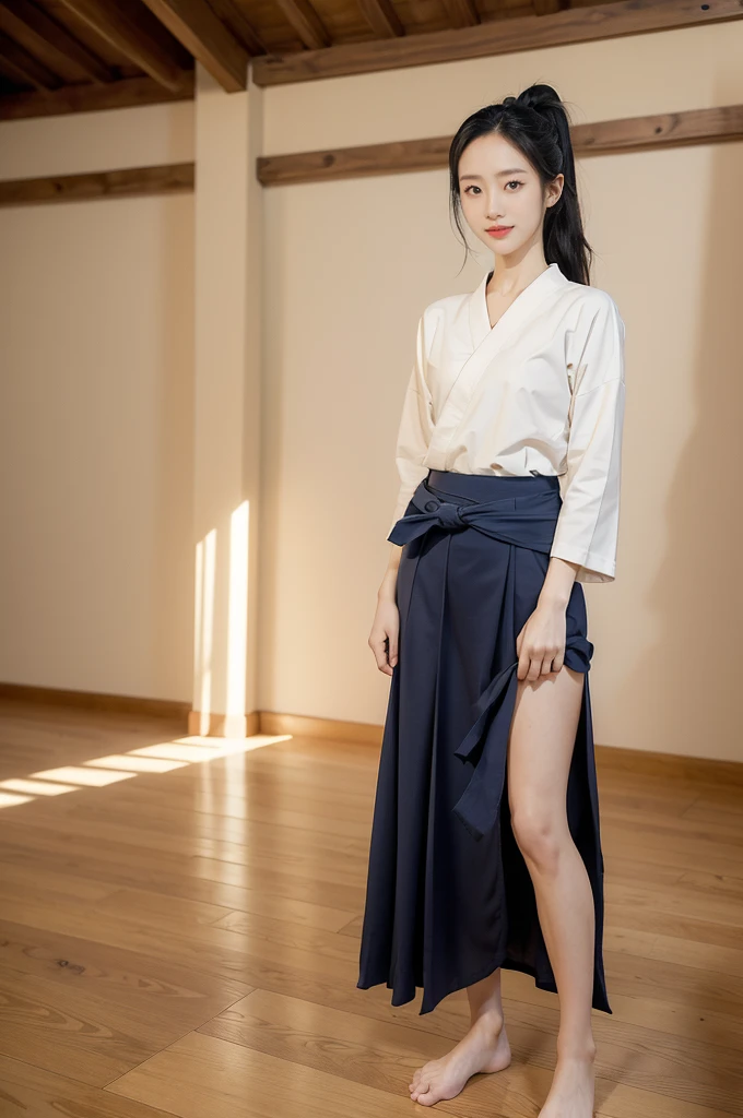 (((best quality))),(((ultra detailed))),(((masterpiece))),illustration,1girl,solo,tonogui,short ponytail,slim,thin,small breasts,flat chest,white collar,white kendogi,three-quarter sleeves,maxi navy-blue kendo hakama,slender legs,standing in kendo gym,(holding a bokuto:1.3),arms behind back,focused and determined expression,ready for challenge,slender and elegant face,confident and resilient,fair skin,blush,neat teeth,bright smile,clean and tidy uniform,wooden gym floor,wall,pine scent,standard grip,ready to slice through obstacles,strong belief,determination,spirit of resilience,admiring,from front,full body,bare feet