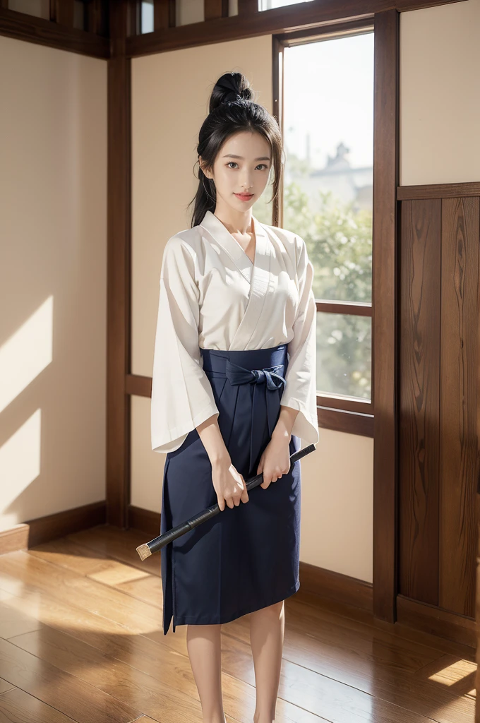 (((best quality))),(((ultra detailed))),(((masterpiece))),illustration,1girl,solo,tonogui,short ponytail,slim,thin,small breasts,flat chest,white collar,white kendogi,three-quarter sleeves,maxi navy-blue kendo hakama,slender legs,standing in kendo gym,(holding a bokuto:1.3),arms behind back,focused and determined expression,ready for challenge,slender and elegant face,confident and resilient,fair skin,blush,neat teeth,bright smile,clean and tidy uniform,wooden gym floor,wall,pine scent,standard grip,ready to slice through obstacles,strong belief,determination,spirit of resilience,admiring,from front,full body,bare feet