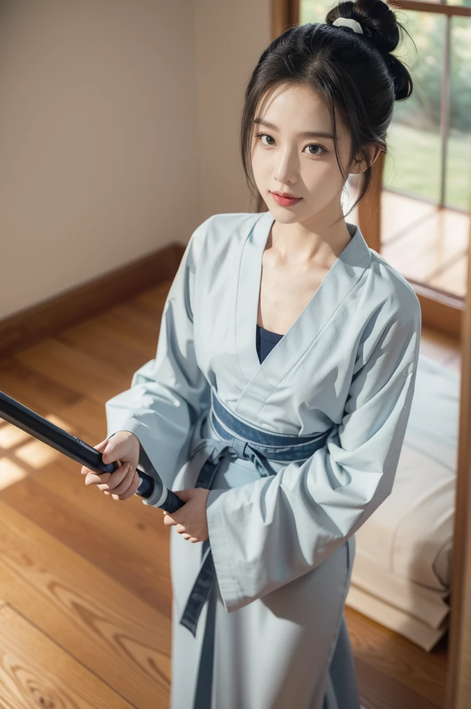 (((best quality))),(((ultra detailed))),(((masterpiece))),illustration,1girl,solo,tonogui,short ponytail,slim,thin,small breasts,flat chest,white collar,white kendogi,three-quarter sleeves,maxi navy-blue kendo hakama,slender legs,standing in kendo gym,(holding a bokuto:1.3),arms behind back,focused and determined expression,ready for challenge,slender and elegant face,confident and resilient,fair skin,blush,neat teeth,bright smile,clean and tidy uniform,wooden gym floor,wall,pine scent,standard grip,ready to slice through obstacles,strong belief,determination,spirit of resilience,admiring,from front,full body,bare feet