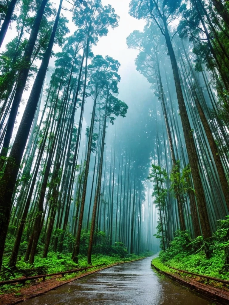 (highest quality:1.5)。Bright rainy forest。Glowing cloudy sky。