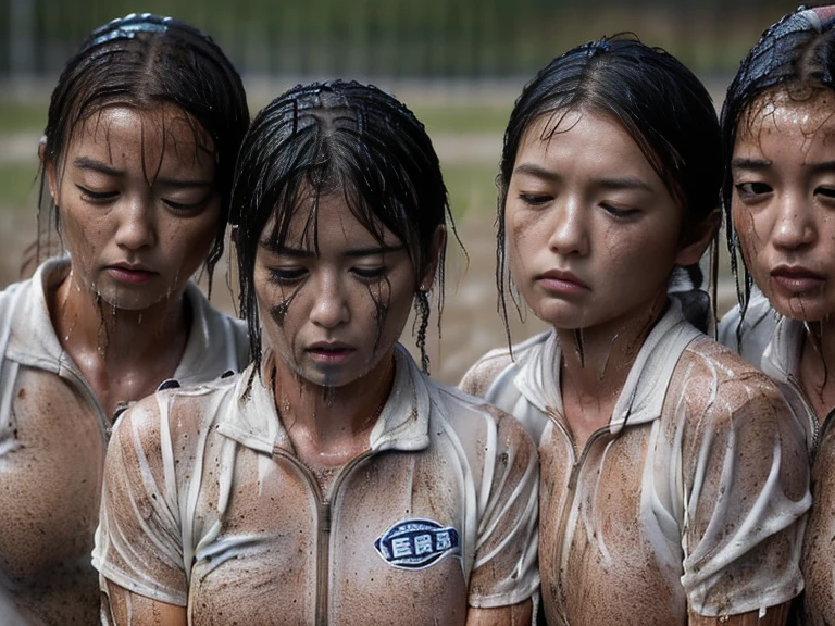 (A plain white short sleeved dirt stained field hockey uniform with a very tight white half zip:1.7)、(A large, dirt-stained, white, square collar: 1.6)、(Red clay ground:1.5)、My hair is wet and messy、(Beautiful Japanese woman covered in dirt:2.2)、Highest quality, masterpiece, Ultra-high resolution, Photorealistic, Raw Photos,Detailed face,(All women with muscular arms:2.0), (Fastener open: 1.8), (Upper body zoom up:1.0),(Everyone wears the same clothes:1.0), All members are super beauties, (Group photo of beautiful Japanese women standing huddled together: 1.5), (Hair tied up: 1.4), (Exhausted expression: 2.4), Bright photo, (Soaked from head to torrential rain: 1.8)