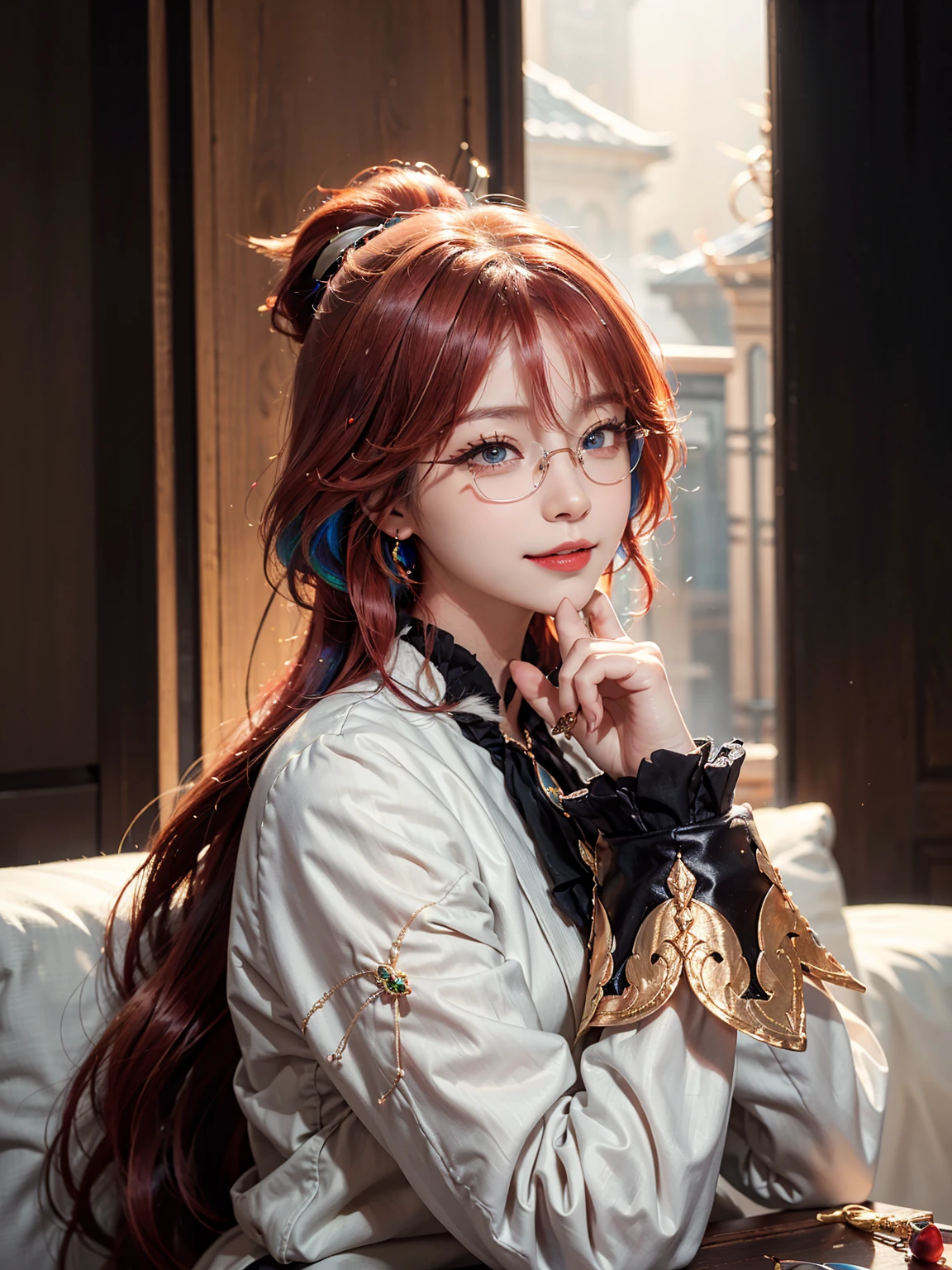 masterpiece, best quality, illustration, (dynamic lighting:1.2), cinematic lighting, reflection, delicate facial features, ultra-detailed eyes, sharp pupils, realistic pupils, depth of field, sharp focus, (hyper-detailed, bloom, glow:1.4), exceptional beauty, alluring face, cute look, multicolored hair, ponytail, high ponytail, (ponytail:1.3), (high_ponytail:1.2), long ponytail, (bright_red_hair:1.3), shining hair, bangs, long side bang, enchanting eyes, shiny, sparkle, sparkling, elegance, jewelry, ornaments, 1girl, solo focus, medium full shot, cowboy shot, white skin, intense bright, absurdres, high-res, ultra-detailed, hair ornaments, earrings, perfect arms, perfect hands, perfect fingers, detailed hands, detailed fingers, perfect body, perfect, embarrassing, blushing, smiling, angelic, expert shading, extreme light effects, intense bright, glare, sharp eyelash, red lips, dynamic pose, tying hair, hand on hair, huge smile, beautiful, accurate anatomy, perfect anatomy, showing body curves, eyeglasses, (eyeglasses:1.4), (round_eyeglasses:1.2), wearing glasses, renaissance, sunshine, princess, goddess, crown, tiara, halo, (multicolored eyes), (heterochromia), (messy hair:1.3), (long ponytail:1.3), (hair over one eye:1.3), (wavy hair:1.3), kitsune, (kitsune mask:1.3), (fox mask:1.3), fox tails, fur clothes, (fur jacket:1.3), furry, long hair, (red hair:1.3), (white clothes:1.3)