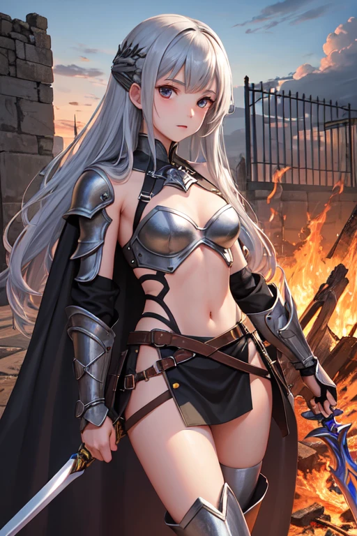 One beautiful girl、17 years old、Exposed metal armor、Belly button、Tattered Cape、Longsword in one hand、Thighs、Glowing Skin、Full Body Lesbian、stand、Ruins in the background、Burning Flames、Fight monsters、Anime cute face、For viewers、Long silver hair、Metal Boots、片方のThighsに黒いリボンが巻かれている