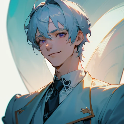 Clean, Handsome man , gray hair , very very short hair , purple eyes , light skin , mature man , pale skin , muscular, tall , 35 years old , smiling mischievously, Neck tattoo in free western style, refreshing sea, pirate, light blue and white, Michael Kreese, Uniform, Michael Husar, white background

(masterpiece, best quality:1.3),beautiful detailed glow,illuminates best,(((best quality,Fabric shades,ultra detailed))),extremely detailed CG unity 8k wallpaper,매우 detailed 아름답고 미적,The best light,high resolution,detailed,dynamic lighting , 1 character ,  Pastel faded colors , cell shade , soft, muted shades ,soft 색상 ,