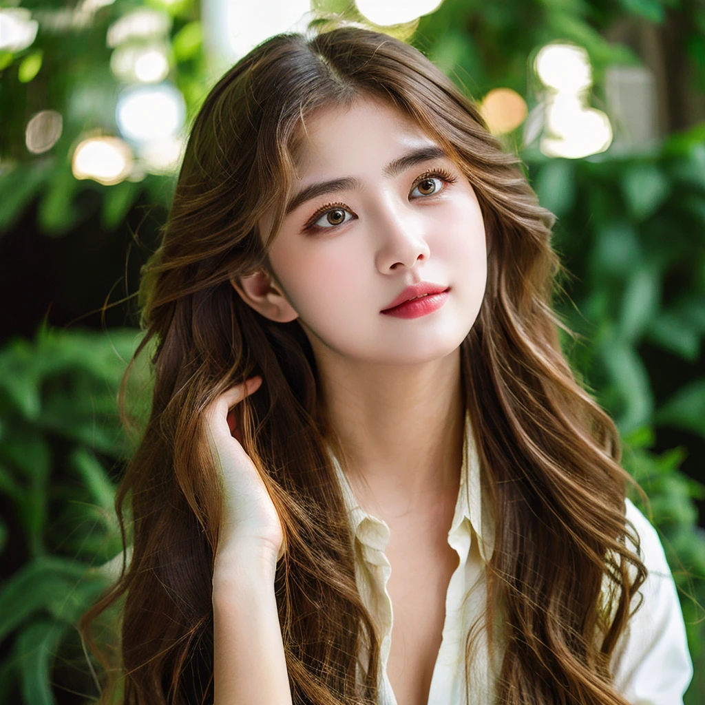 (masterpiece, best quality:1.2), 1girl, (full body 2), zoom out ,  solo, beautiful detailed eyes, beautiful detailed lips, extremely detailed face and portrait, long eyelashes, young woman, serene expression, flowing hair, outdoor office, lush greenery, sunlight, warm color tones, cinematic lighting, photorealistic