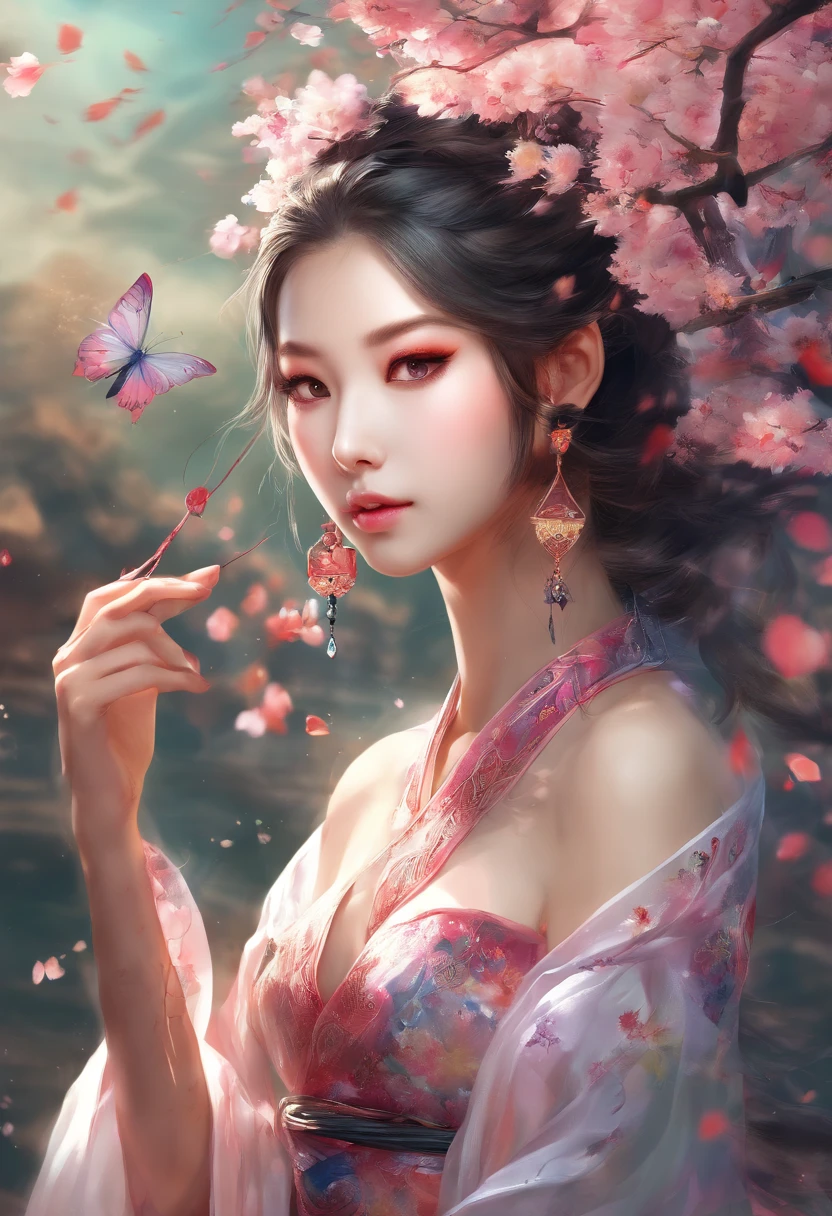 best quality,masterpiece,Ultra-high resolution,(photoactual:1.4),,beautiful_Face,Twenty-five-year-old oriental nine-tailed fairy fox woman,bright eyes,cleavage,Long silver hair above the waist,Wearing a Japanese kimono（1：0）,Samurai sword,Drinking under the flower tree,Peach blossoms flying