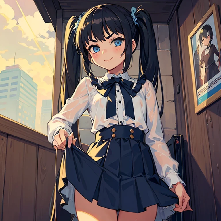 Young girl with black hair, long twintail,  twintail hairstyle, (blue eyes),, ((small bushy eyebrows)), wearing gothic lolita clothing, lolicon , walking to school, flirty smile, , lifting her skirt to show her vagina wet with semen, having sex