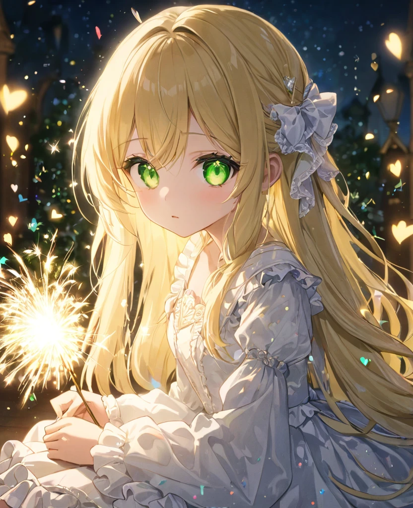 (masterpiece, best quality:1.2), (absurdres, highres, ultra-detailed), (perfect anatomy), 
Cute Girls、Sitting、Holding it facing down、Sparkler、Blonde、Fluffy longhair、Yellow-green eyes、Background glitter、night、heart、White frilly dress

(8K, RAW photo:1.2),detailed face and eyes,intricate detail ,masterpiece ,sharp focus, high quality,BREAK,rating: general, newest