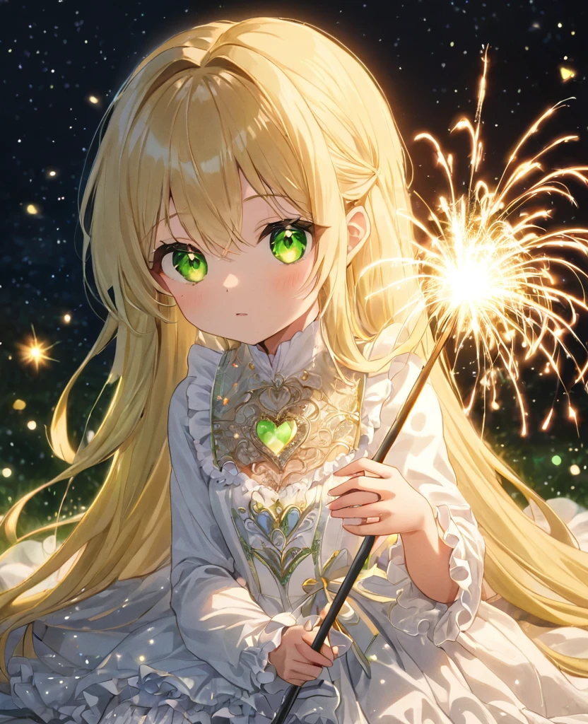 (masterpiece, best quality:1.2), (absurdres, highres, ultra-detailed), (perfect anatomy),
Cute Girls、Sitting、Holding it facing down、Sparkler、Blonde、Fluffy longhair、Yellow-green eyes、Background glitter、night、heart、White frilly dress
(8K, RAW photo:1.2),detailed face and eyes,intricate detail ,masterpiece ,sharp focus, high quality,BREAK,rating: general, newest
