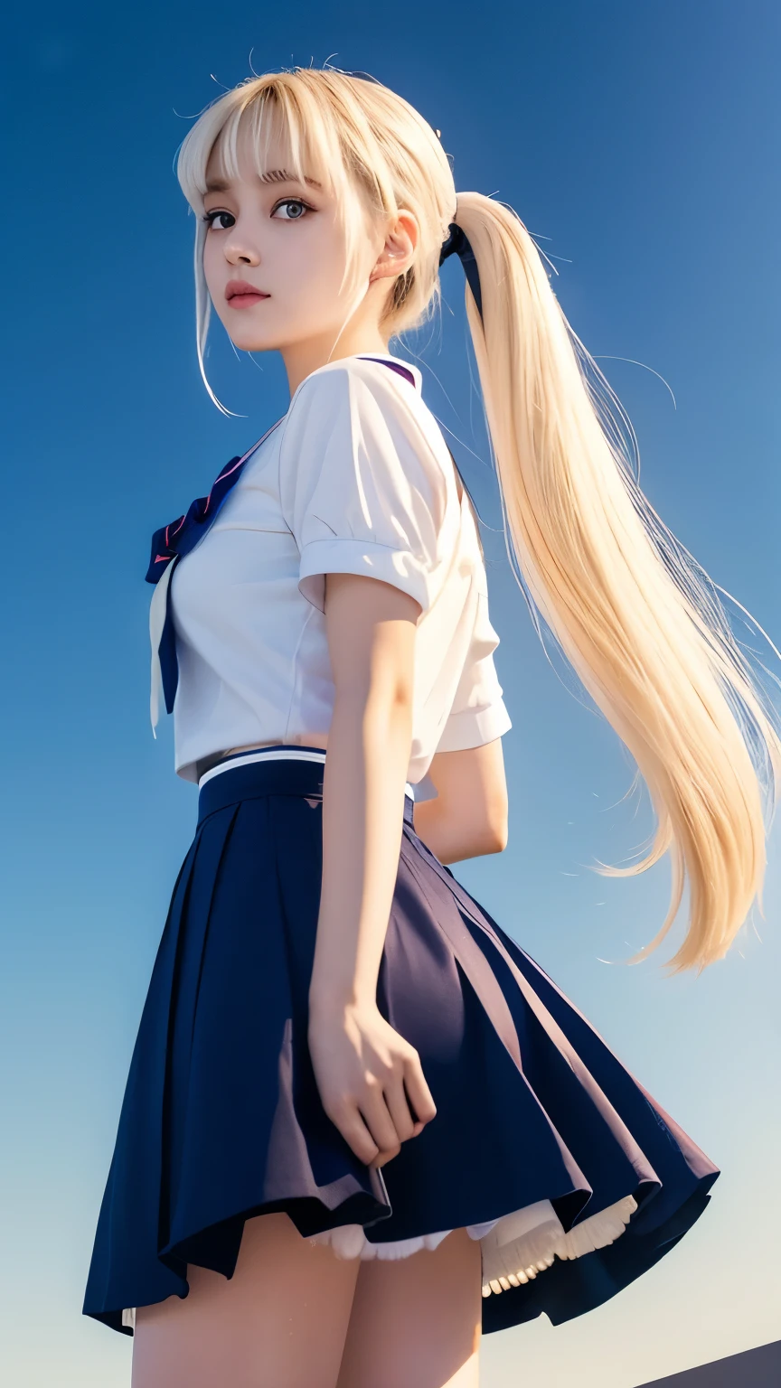 I see a white moon shining in the distant sky、Sailor Moon standing on a reflective surface. Her skirt is blue、The tops are white and blue. Her blonde hair is in two very long ponytails.