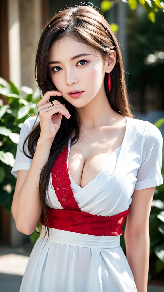Simple white background,
(red_Best:1.5),, Seraphim, shirt, Short sleeve,ribbon,
bionde,White hair band,blue eye,Long Hair,Beautiful big breasts、Bursting shirt、
1 Girl, Age 25,young woman,beautiful Finger,beautiful long legs,beautiful body,beautiful Nose,beautiful character design, perfect eye, perfect face,expressive eye,perfect balance,
View your viewers,(Focus on her face),Mouth closed, (Innocent_big_eye:1.0),Light_笑face,
Official Art,Highly detailed CG Unity 8k wallpaper, Perfect lighting,Farbeful, bright_front_face_Lighting,Shiny skin,
(masterpiece:1.0),(Highest_quality:1.0), 超High resolution,4K,Super detailed,
photograph, 8K, High resolution, High resolution, absurdes:1.2, 400 for Kodak Port, Film Grain, Blurred Background, bokeh:1.2, Lens flare, (Vibrant_Farbe:1.2),Professional Photograph,
(beautiful,big_chest:1.4), (beautiful_face:1.5),(narrow_Waist),