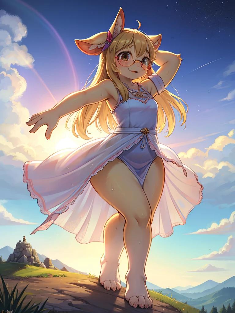 Hallucination , (ugly geek Sow) , (butterface) , relaxed Fluttering white thin dress , Dancing on the top of hill , halation , Strong sunlight , The fabric is see-through, so your skin is visible , Clothing erotica , (labia:0.4) , Divine Light , moist