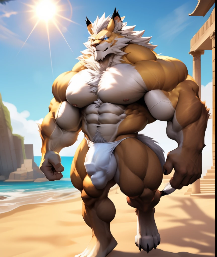 nj5furry, ( albino, Leomon, massive, huge), albino Leomon, ((extremely realistic shadows, masterpiece, extremely detailed, photorealistic)), kemono, silver mane, Leomon albino, ((detailed face)) nose, blue eyes, ((detailed eyes)), white skin, white fur, white hair, height 3 meters high, the optimal height, 300 lbs, Gigachad, tight clothing, body full of muscles; muscle and bulge pecs, ((Huge chest)) ripped abs, V-shaped body, thick waist, long legs, strong arms manly, handsome face, attractive cool calm face type with a cold smile, topless. Temple ruins in the beach, Day, sun, sun rays; he wears a white thong that revealing huge muscular thighs. (((WHITE THONG))) (((Back))) huge, muscular and firm thighs, round buttocks and round butt with back, huge ass ((firm buttocks)) Big butt.