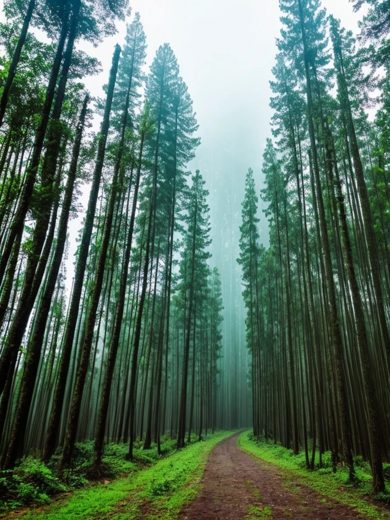 (highest quality:1.5)。Bright rainy forest。Glowing cloudy sky。
