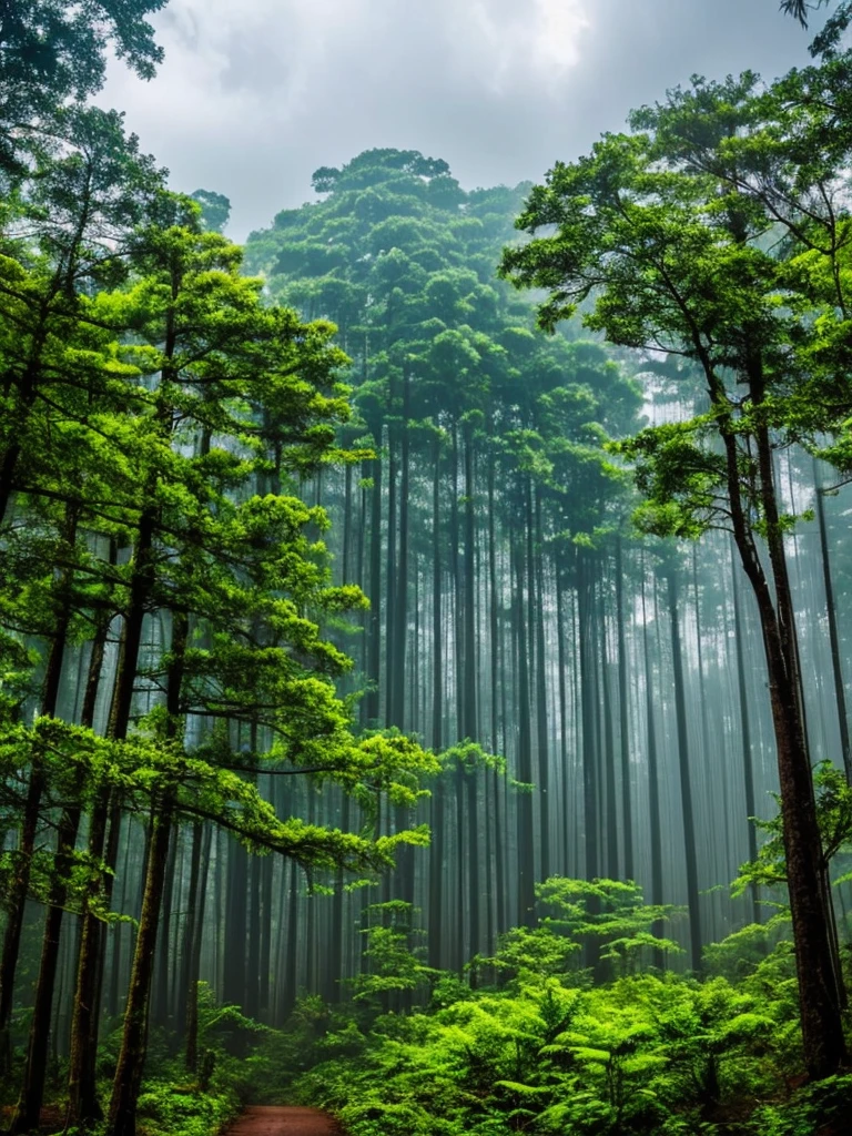 (highest quality:1.5)。Bright rainy forest。Glowing cloudy sky。