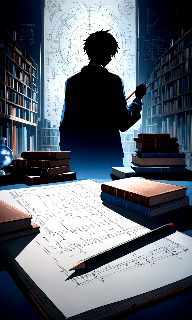A anime style image where a silhouette of a boy is visible with blue and silver background and some books, pencil, equation and engineering equipment are visible in background. "DAILY LOG OF AN ENGINEER" is written in bold words with neon blue and while mixture. It's at centre bottom.