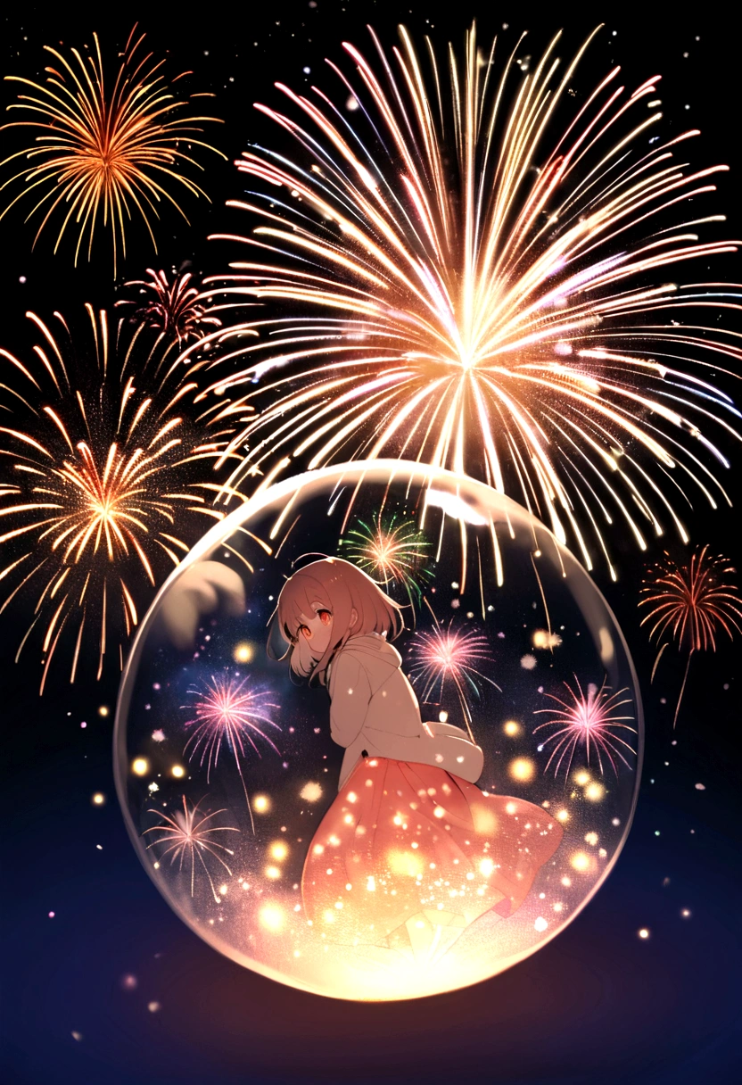 ((firework)), No background, 中にfireworkが入ったガラス球, 球状のfirework, Complex and shining atmosphere, Magic Particles, Bottle of stars, Glass and Light, Beautiful and intricate glass spheres, New Year's Eve, Sparks and liquid fires, 大きなfireworkが1つ,Magic Particles, Luminous sphere, Magic Particles in the air, Spherical lightning, sparkling in the air,colorful,日本のfirework