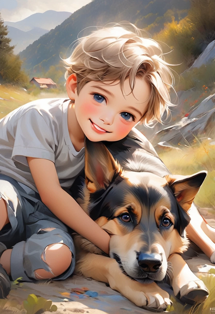 fine digital painting of a cute dirty wild 5 yo boy lying. resting with his german shepherd, chubby smile, mountains, torn clothes, friendship, fine art, masterpiece, best quality, 