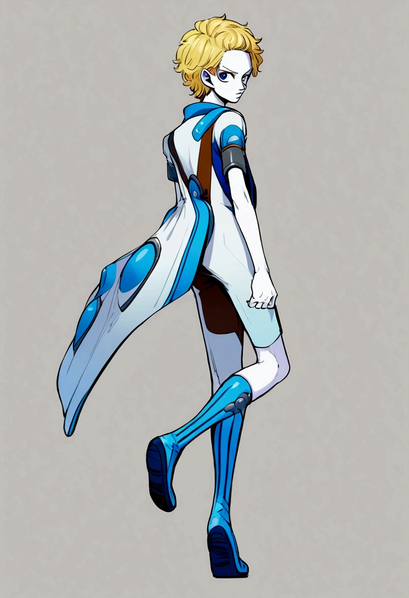 Style manga one piece,wide,blue eyes, 15 year old man,full body front side and back,pale skin,knee length blonde hair,slanted blue eyes with long eyelashes,full body front side and back,Gray background