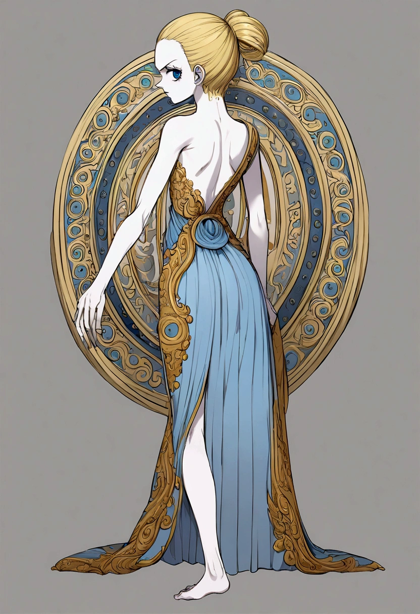 Style manga one piece,wide,blue eyes, 15 year old man,full body front side and back,pale skin,knee length blonde hair,slanted blue eyes with long eyelashes,full body front side and back,Gray background