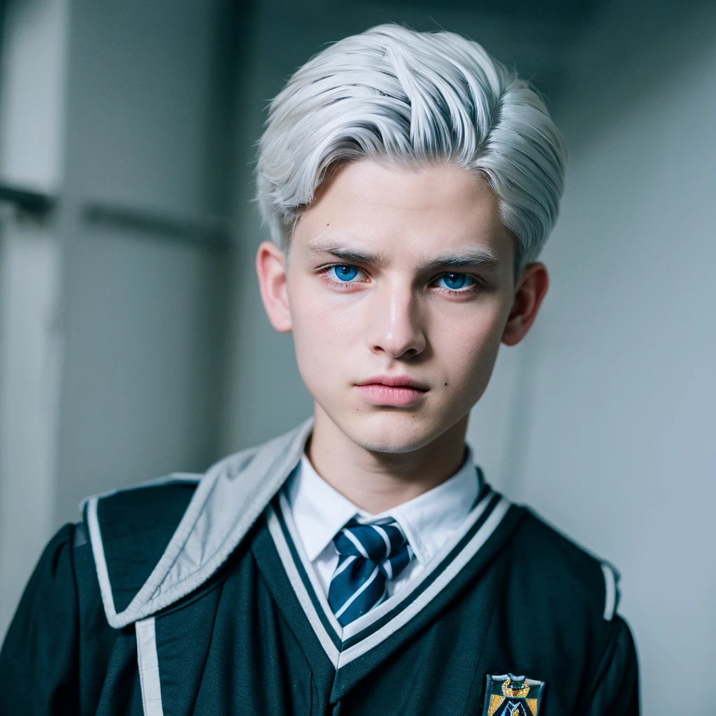 Boy 18 year old White hair Blue eye Hogwart black uniform