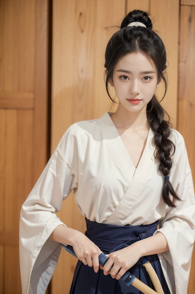 (((best quality))),(((ultra detailed))),(((masterpiece))),illustration,1girl,solo,tonogui,short ponytail,slim,thin,small breasts,flat chest,white collar,white kendogi,three-quarter sleeves,maxi navy-blue kendo hakama,standing in kendo gym,(holding a bokuto in hand:1.3),arms behind back,focused and determined expression,ready for challenge,slender and elegant face,confident and resilient,fair skin,blush,neat teeth,bright smile,clean and tidy uniform,wooden gym floor,wall,pine scent,standard grip,ready to slice through obstacles,strong belief,determination,spirit of resilience,admiring,from front,upper body,