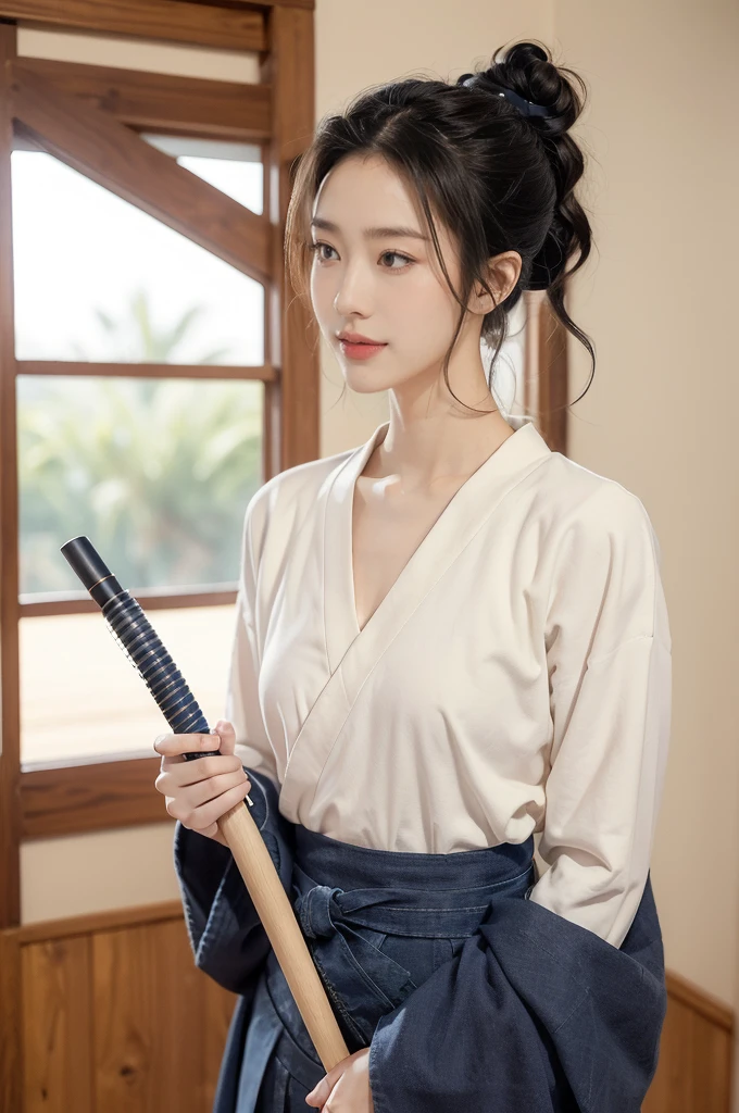 (((best quality))),(((ultra detailed))),(((masterpiece))),illustration,1girl,solo,tonogui,short ponytail,slim,thin,small breasts,flat chest,white collar,white kendogi,three-quarter sleeves,maxi navy-blue kendo hakama,standing in kendo gym,(holding a bokuto in hand:1.3),arms behind back,focused and determined expression,ready for challenge,slender and elegant face,confident and resilient,fair skin,blush,neat teeth,bright smile,clean and tidy uniform,wooden gym floor,wall,pine scent,standard grip,ready to slice through obstacles,strong belief,determination,spirit of resilience,admiring,from front,upper body,