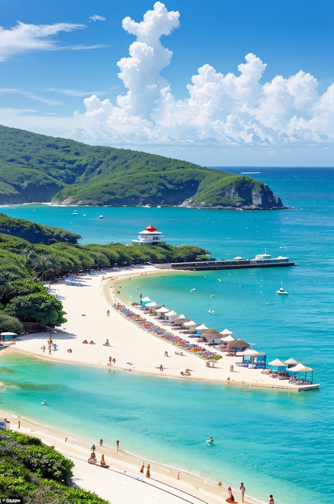 An animated depiction of a lively beach scene with numerous people sunbathing under blue umbrellas and swimming in clear blue water. A lifeguard tower is visible in the foreground, and the beach stretches into the distance with lush greenery and clouds in the sky. Several sailboats are also seen on the horizon.