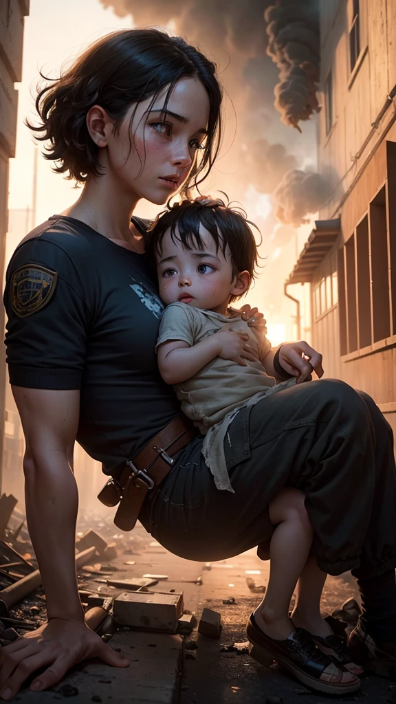 Sam carries a young  out of the burning building, both of them covered in soot but safe.
[Voiceover]: "In the face of danger, Sam's courage shone through, saving a young child's life."