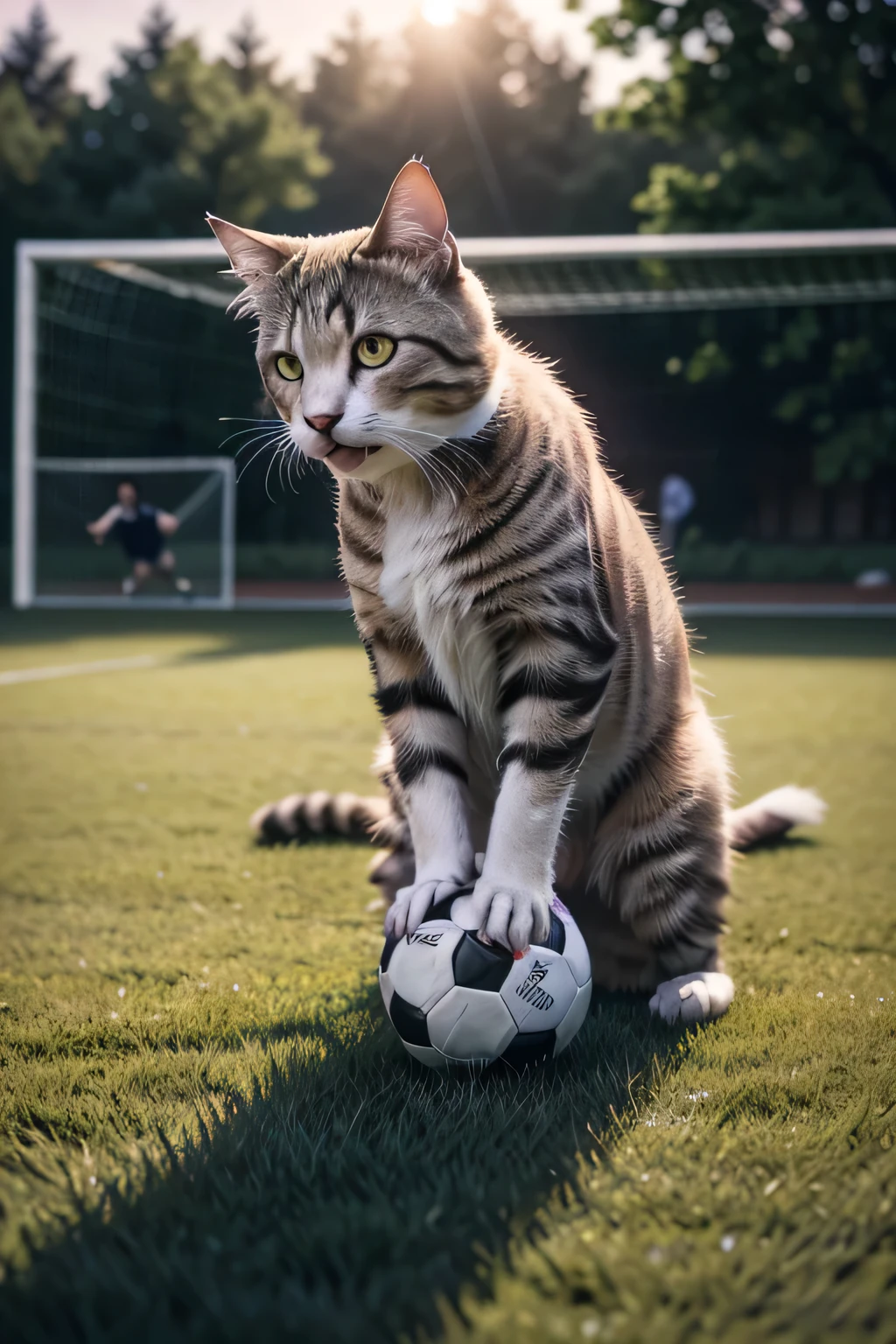 cat playing soccer ball, cinematic lighting, UHD, best quality, 8k