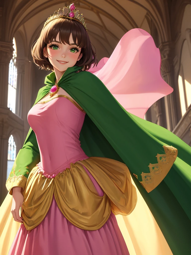 masterpiece, best quality:1.2), 1girl, smile, looking at viewer, green eyes, short brown hair, princess, princess dress, wearing puffy pink ballgown reaching the floor, green cloak cape, golden tiara with veil, standing in ballroom of medieval castle