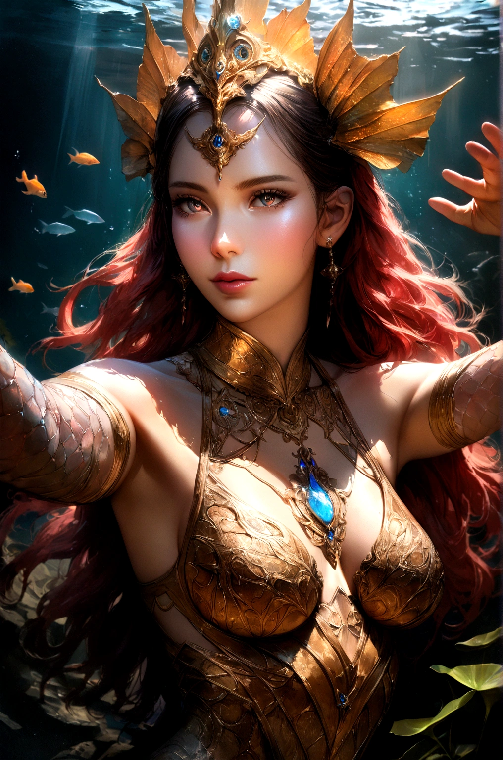 redhead mermaid, with full breasts, left arm completely tattooed, light pink scales with a thin edge of pastel blue scales