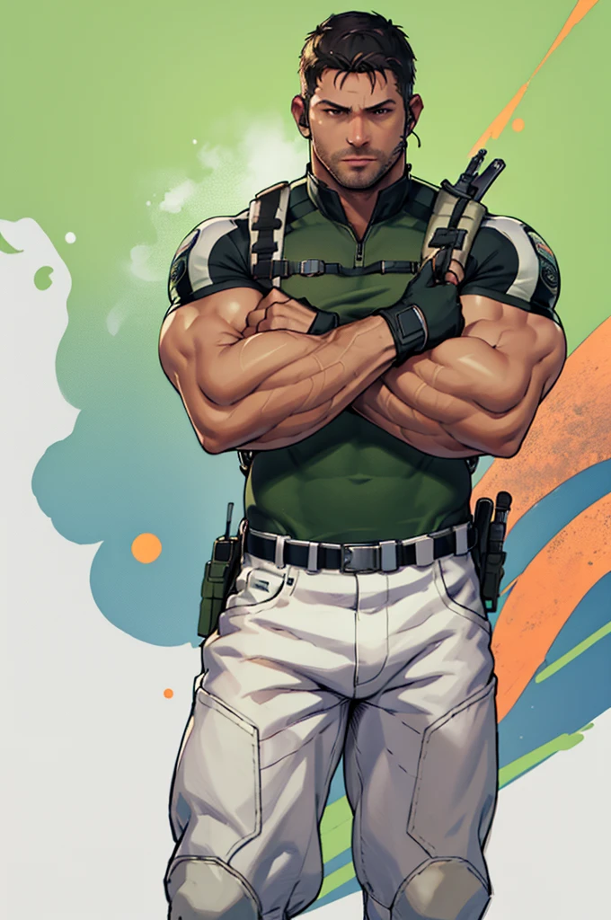 (masterpiece, best quality:1.2), cowboy shot, solo, male focus, 1boy, chris redfield, muscular male, looking at viewer, crossed arms, green taut shirt, white pants, (fingerless gloves:1.1), belt