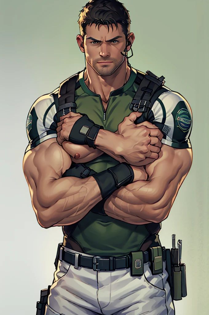 (masterpiece, best quality:1.2), cowboy shot, solo, male focus, 1boy, chris redfield, muscular male, looking at viewer, crossed arms, green taut shirt, white pants, (fingerless gloves:1.1), belt