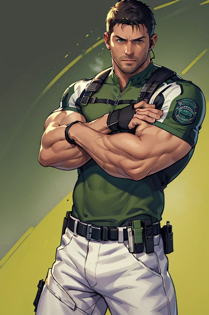 (masterpiece, best quality:1.2), cowboy shot, solo, male focus, 1boy, chris redfield, muscular male, looking at viewer, crossed arms, green taut shirt, white pants, (fingerless gloves:1.1), belt
