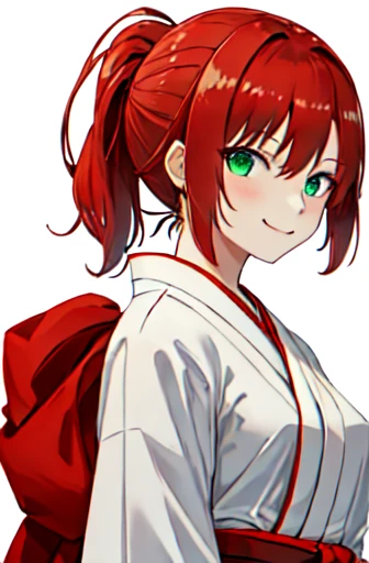 Highest quality, masterpiece, High resolution, alone, {White kimono:1.35}, {red hakama:1.35}, {Wide sleeves:1.20}, {boudica_fgo:1.15}, red_hair, chest, short_hair, red面, big_chest, short_ponytail, 前hair, green_eye, smile, ponytail