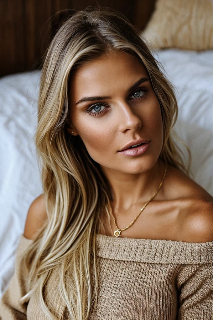 1 girl in, european instagram influencer, in bed, in the pose of a bending cat Hot neckline, Very long hair, Colossal , Looking at the viewer, blonde hair, bare shoulders, Brown eyes, jewelry, draw up, whole body, necklace, off the shoulders, Sweaters, realistic, Sexy and popular beauty style of 2023